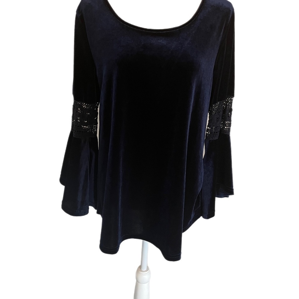 Midnight Blue Velvety Crochet Bell Sleeves A Line Feminine Top Romantic Goth